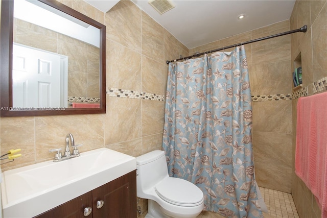 bathroom featuring vanity, decorative backsplash, tile walls, toilet, and a shower with shower curtain