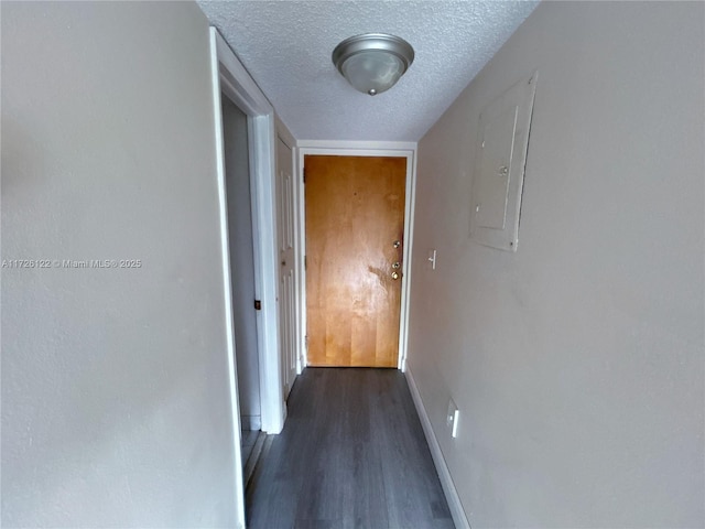 hall with a textured ceiling, electric panel, and dark hardwood / wood-style floors