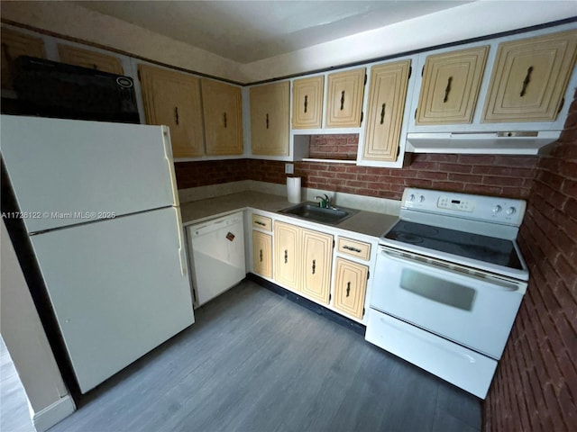 kitchen with under cabinet range hood, white appliances, wood finished floors, a sink, and light countertops