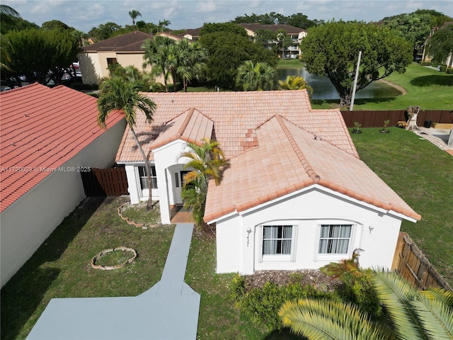 aerial view featuring a water view