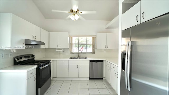 kitchen with sink, white cabinetry, stainless steel appliances, and tasteful backsplash