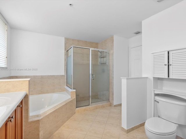 full bathroom with toilet, independent shower and bath, tile patterned floors, and vanity