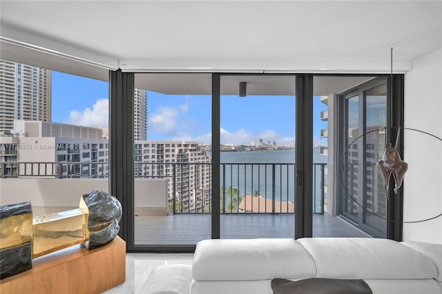 interior space featuring a water view, plenty of natural light, and floor to ceiling windows