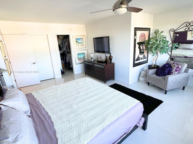 bedroom with ceiling fan and light tile patterned flooring