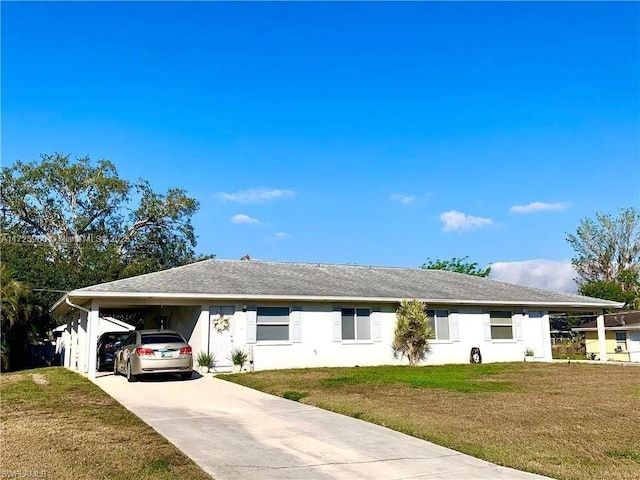 ranch-style home with a carport and a front yard