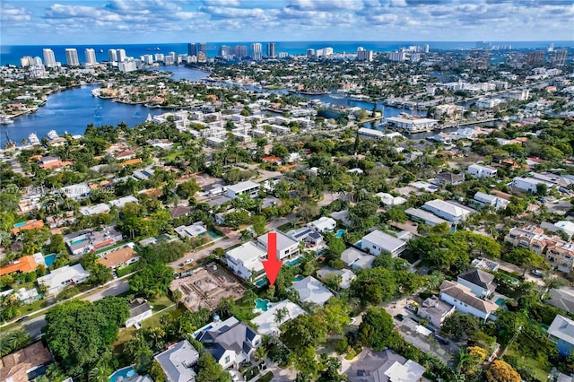 drone / aerial view with a water view