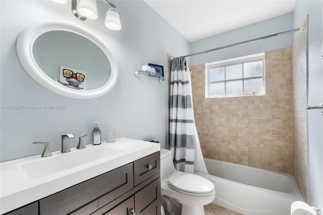 full bathroom with toilet, vanity, and shower / tub combo with curtain