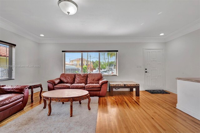 living room featuring light wood-type flooring and crown molding