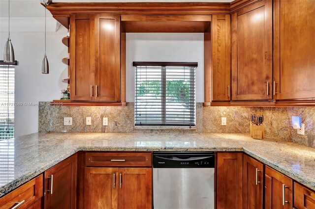 kitchen featuring backsplash, sink, stainless steel refrigerator, crown molding, and light stone counters