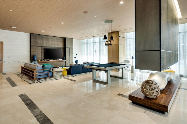 recreation room with floor to ceiling windows, wooden ceiling, and billiards