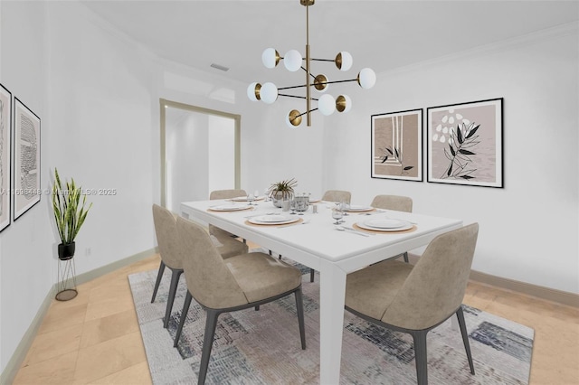 dining area featuring a chandelier, light tile patterned floors, visible vents, baseboards, and ornamental molding