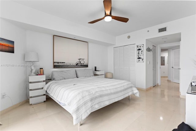 bedroom with electric panel and ceiling fan