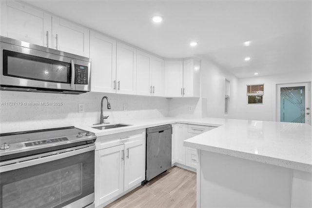 kitchen with appliances with stainless steel finishes, white cabinetry, light hardwood / wood-style floors, sink, and kitchen peninsula