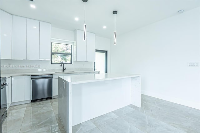 kitchen with a kitchen island, dishwasher, white cabinets, and hanging light fixtures