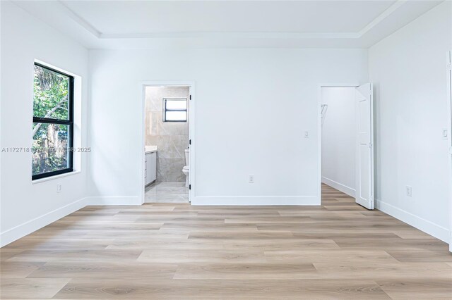 spare room featuring light wood-type flooring and a raised ceiling