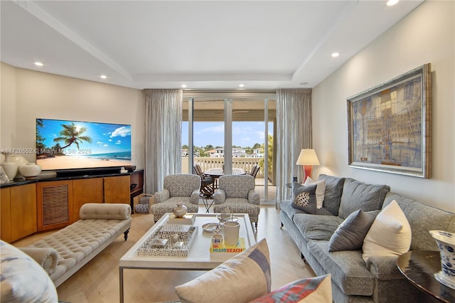 living room with a tray ceiling