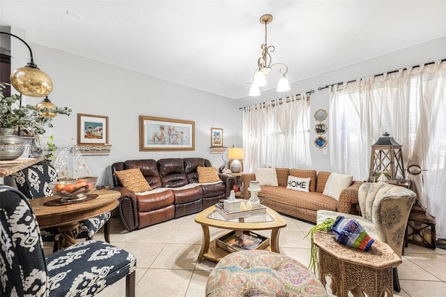 tiled living room with a chandelier