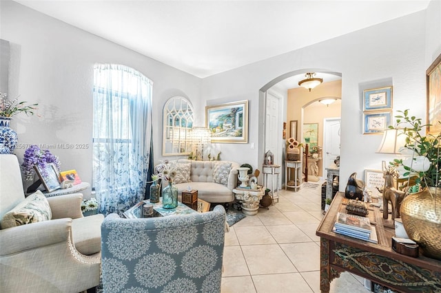 living room featuring light tile patterned floors