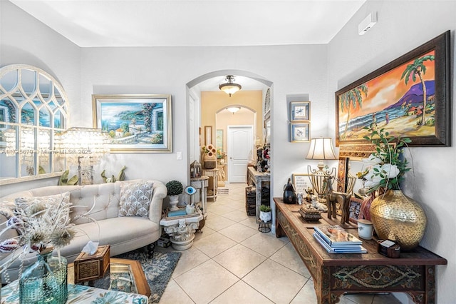 living room featuring light tile patterned floors