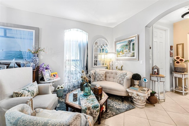 living room featuring light tile patterned floors