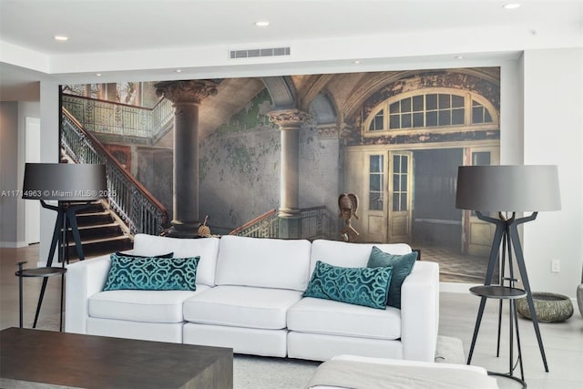 100 S Pointe Dr Unit 3203, Miami Beach, FL 33139 - living room with ornate columns, recessed lighting, and stairs
