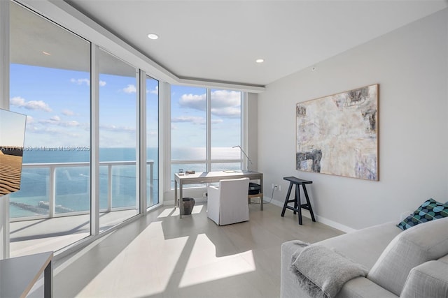 100 S Pointe Dr Unit 3203, Miami Beach, FL 33139 - office area with a water view, a wall of windows, baseboards, and recessed lighting