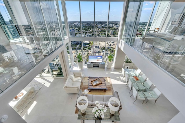 living room with a wall of windows