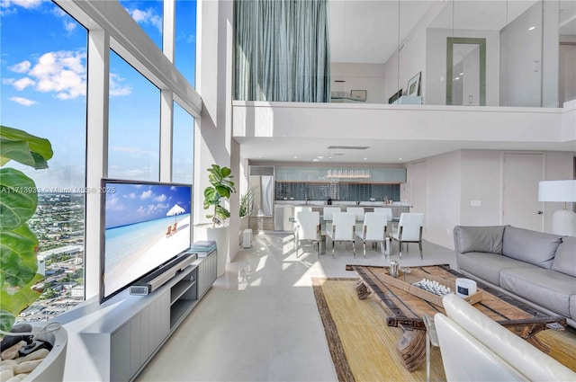 living room featuring a high ceiling