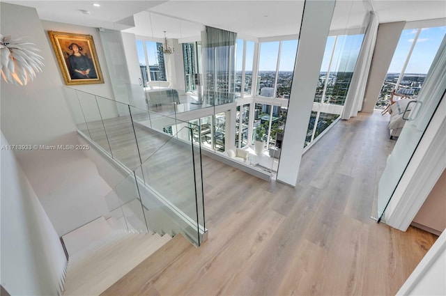 hall featuring a chandelier, a wall of windows, and light hardwood / wood-style floors