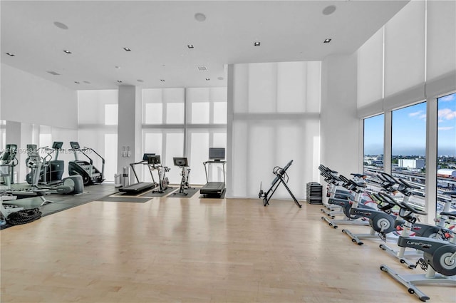 workout area featuring a high ceiling and light hardwood / wood-style flooring