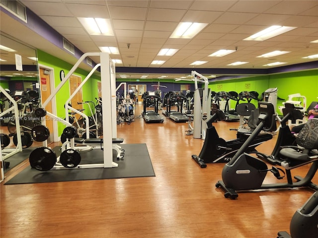 workout area with a drop ceiling and wood finished floors