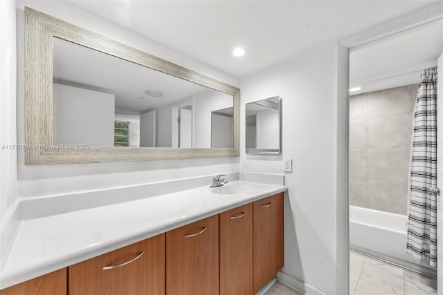 bathroom with vanity, recessed lighting, marble finish floor, and shower / tub combo with curtain