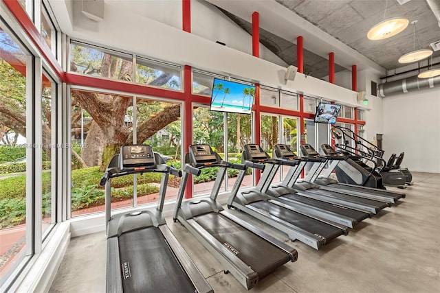 workout area with visible vents and a towering ceiling