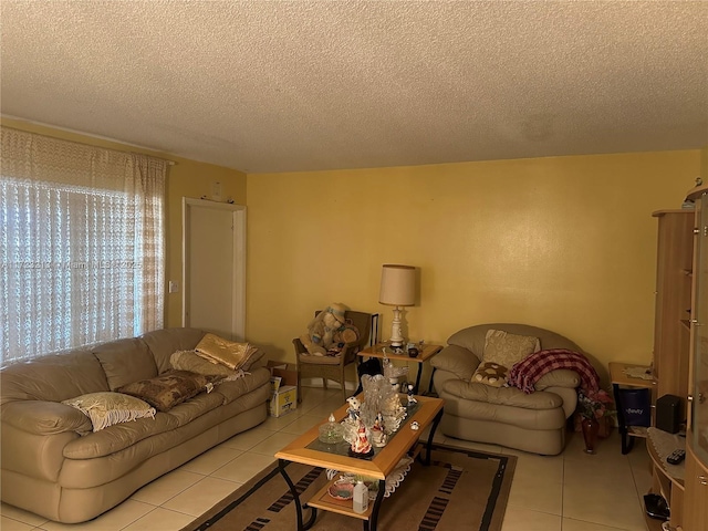 tiled living room with a textured ceiling