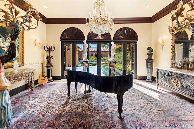 misc room featuring crown molding, french doors, and an inviting chandelier