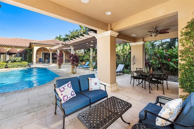 view of pool featuring a patio area, an outdoor living space, and a pergola