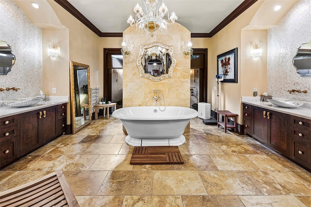 bathroom with a tub, decorative backsplash, crown molding, and a notable chandelier