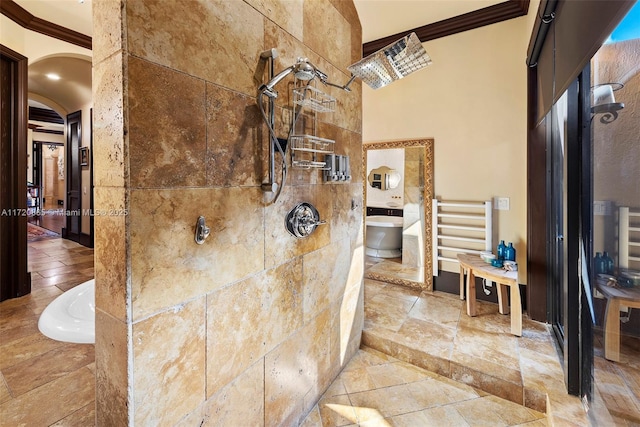 bathroom featuring separate shower and tub and ornamental molding