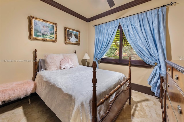 bedroom featuring ceiling fan and ornamental molding