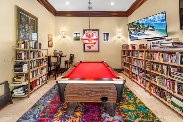 recreation room with pool table and crown molding