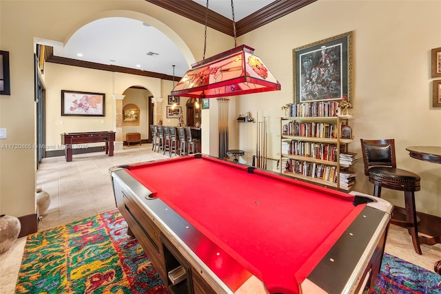 playroom with billiards, bar area, ornamental molding, and ornate columns