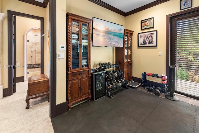 workout area with crown molding