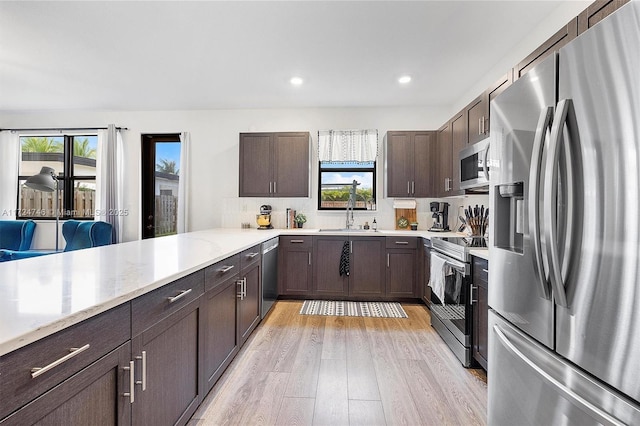 kitchen featuring sink, light hardwood / wood-style floors, a wealth of natural light, and stainless steel appliances