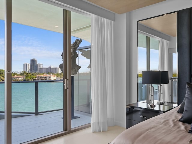 bedroom featuring a water view