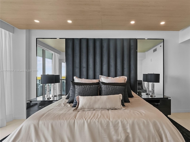 bedroom featuring access to exterior and wood ceiling