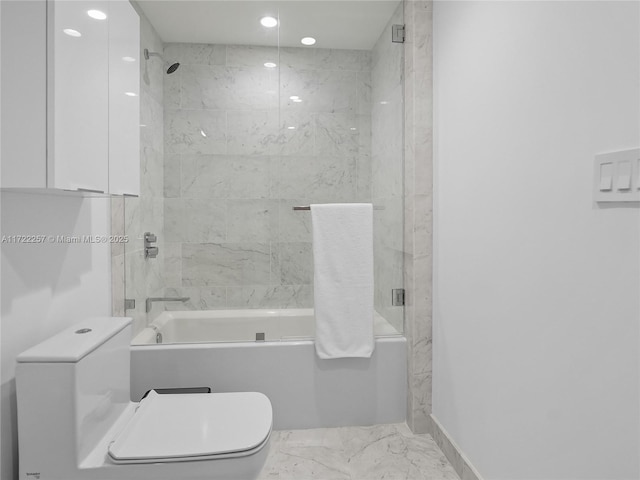 1135 103rd St Unit 502, Bay Harbor Islands, FL 33154 - full bathroom featuring marble finish floors, toilet, shower / bathtub combination, and recessed lighting