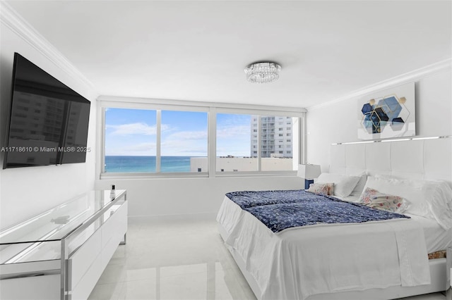 bedroom featuring a water view and crown molding