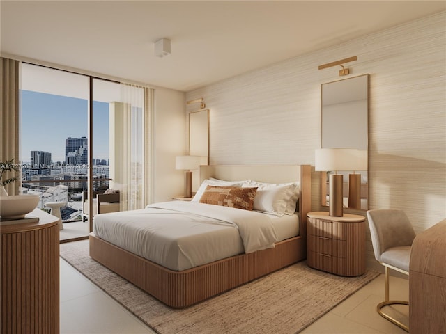 bedroom featuring light tile patterned floors, a wall of windows, and access to outside