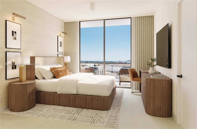 bedroom featuring light tile patterned floors, a wall of windows, and access to outside