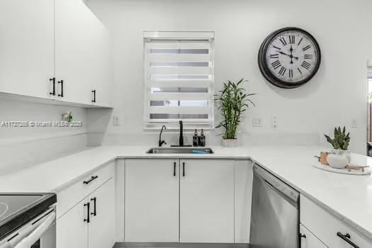 kitchen featuring stainless steel dishwasher, sink, and white cabinetry